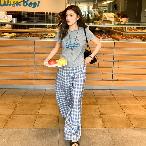 简约格纹蓝白系带直筒裤阔脚裤