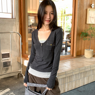 珍妮宇航局 韩系撞色假两件修身长袖t恤女秋季新款复古慵懒风上衣