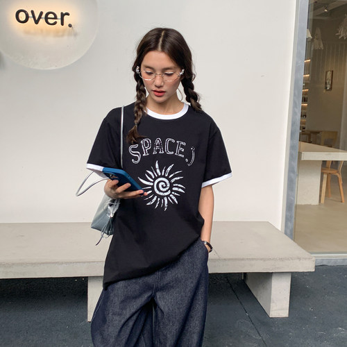 复古撞色圆领印花短袖t恤女夏季