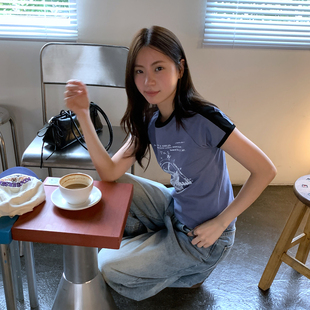 珍妮宇航局 复古美式拼色印花短袖T恤女2026新款正肩纯棉甜酷上衣