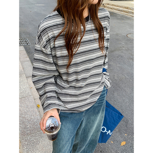 珍妮宇航局 复古条纹休闲长袖女透气宽松小个子休闲撞色打底上衣