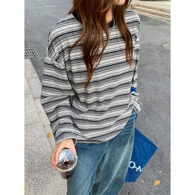 复古条纹休闲长袖女透气宽松