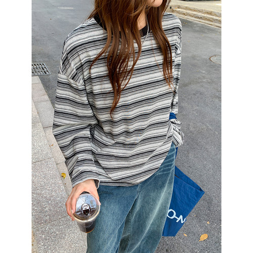 复古条纹休闲长袖女透气宽松