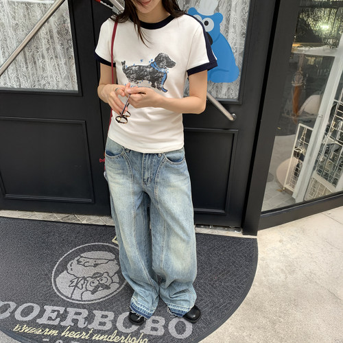 美式复古水洗解构弯刀牛仔裤女