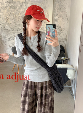 珍妮宇航局基础款百搭春华夫格长袖打底衫女正肩小个子纯棉上衣