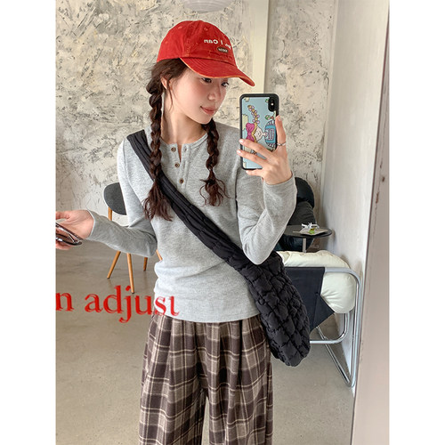 基础款百搭春华夫格长袖打底衫女