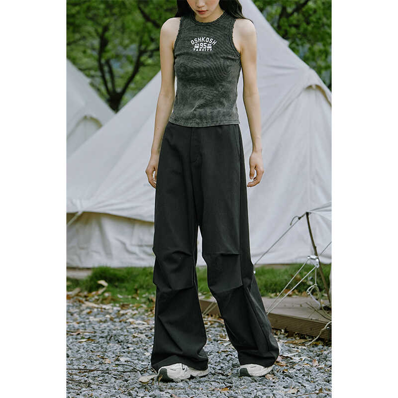珍妮宇航局美式休闲裤女阔腿运动裤夏季新款宽松伞裤工装裤弯刀裤
