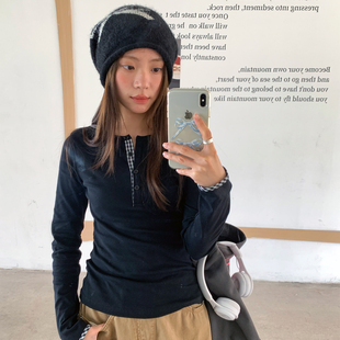 珍妮宇航局 复古撞色半开领针织衫女秋设计感修身长袖打底衫上衣