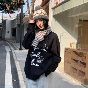 珍妮宇航局小狗毛衣圆领毛衣女2025春季 上衣 宽松可外穿宽松针织衫