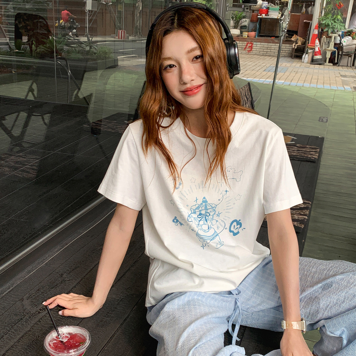 珍妮宇航局 原创印花短袖t恤女夏新款简约显瘦正肩小个子宽松上衣