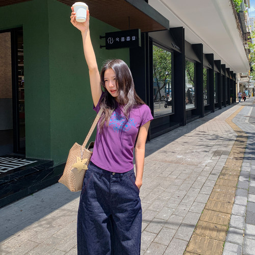原创复古正肩短款短袖女纯棉夏季