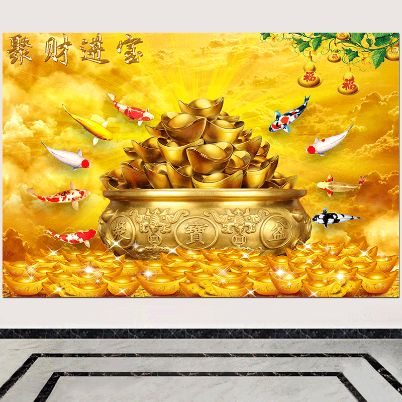 九鱼招财聚宝盆挂画客厅沙发