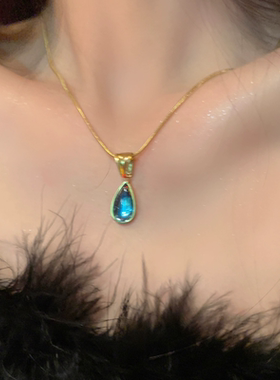 清冷感法式复古人鱼眼泪项链女新中式国潮蓝色水滴钛钢锁骨链颈饰