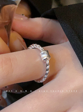 拉丝银麻花几何链条戒指女可调节