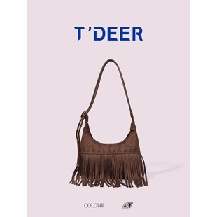 T'deer复古波西米亚流苏包包女2025新款秋冬单肩斜挎包棕色腋下包