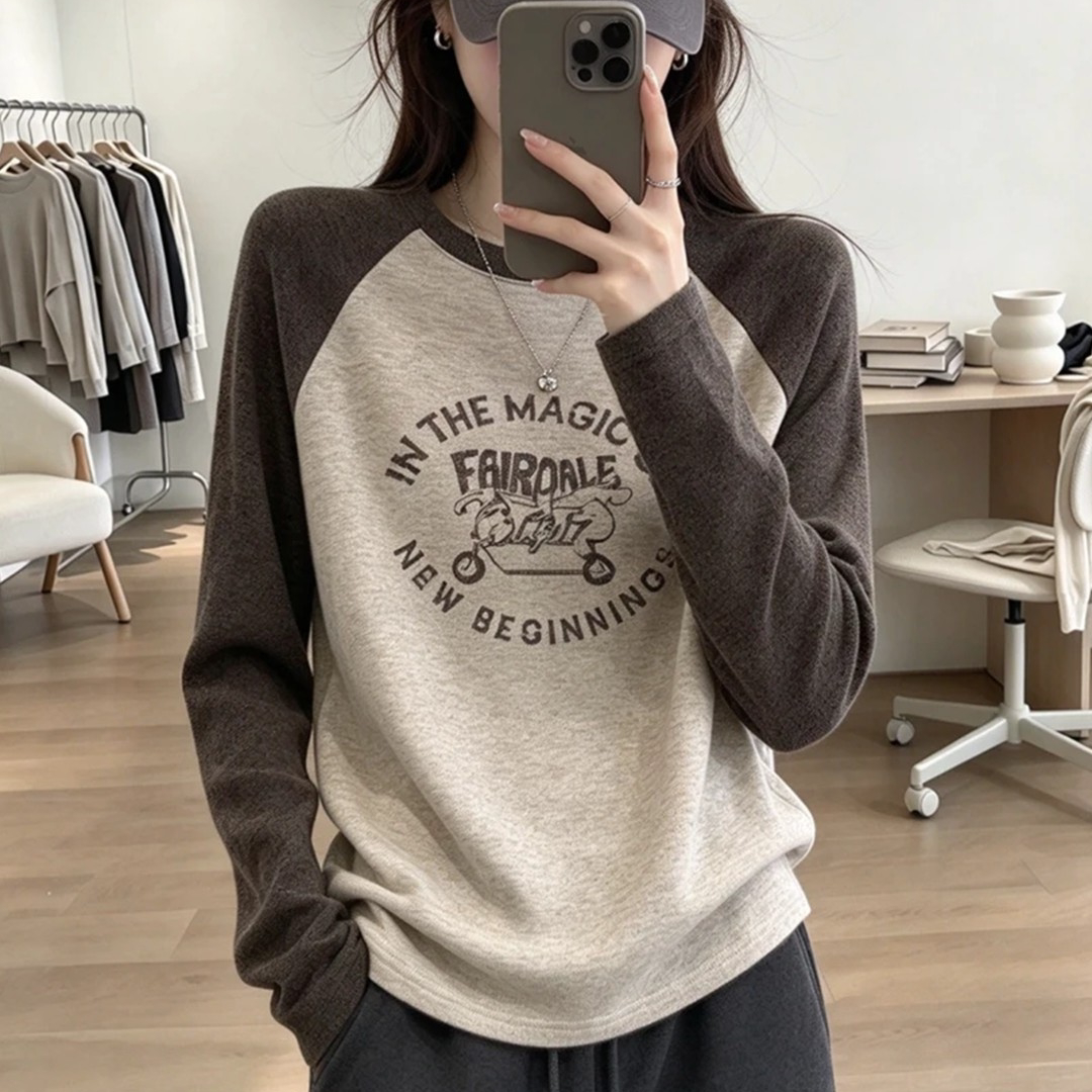 秋季韩版撞色宽松长袖T恤女大码