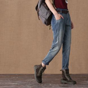 捏褶复古显瘦bf风大码 女哈伦裤 松紧腰小脚裤 春季 潮 个性 新款 牛仔裤