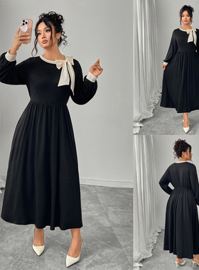 Plus Size Women's Black Dress 大码秋冬复古显瘦遮肚黑色长裙