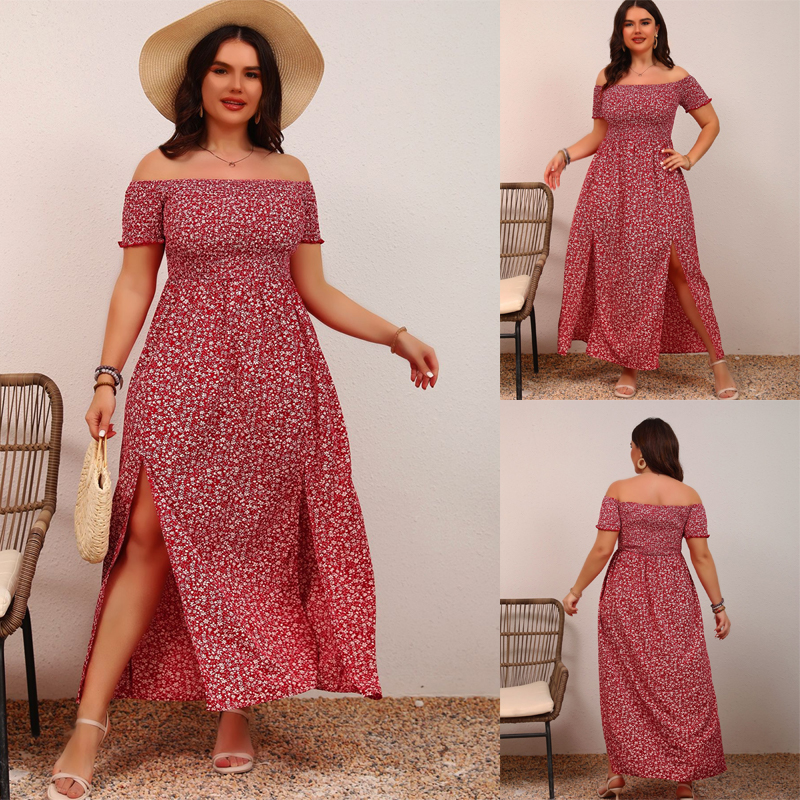 Plus Size Boho Dress Off Shoulder Floral Maxi Dresses 一字肩