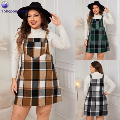 胖MM加大码宽松格子背带连衣裙