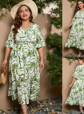 夏季大码裙 Summer Plus Size Dress Flared Sleeves Flowy Skirt
