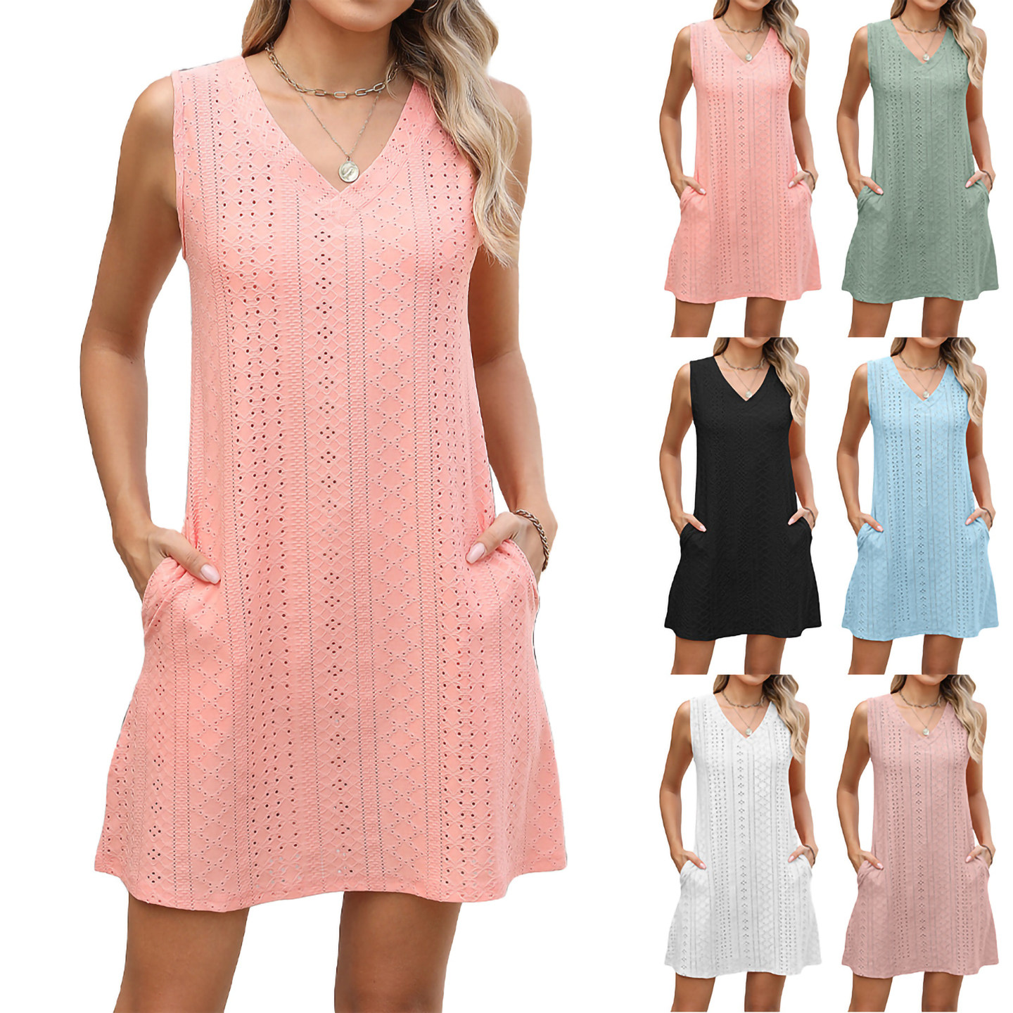 Women Casual Summer Solid Color V-Neck Dress 2025夏季连衣裙图片