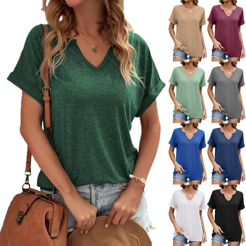 2025 Summer New Solid Color V-Neck Loose Women T-Shirt Top