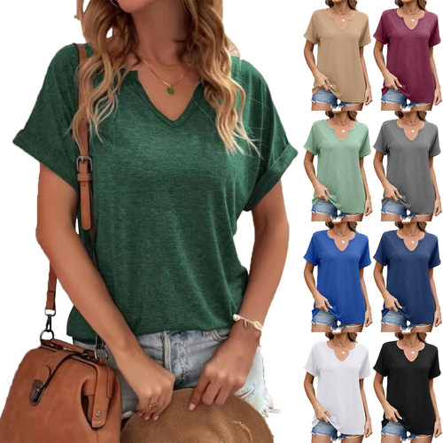 2025 Summer New Solid Color V-Neck Loose Women T-Shirt Top