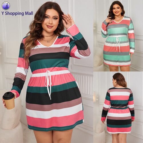 Spring Striped patchwork dress large size women's clothing