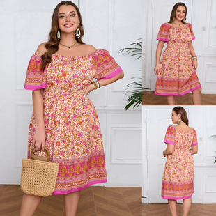 Summer Floral Print Dress Retro Off-Shoulder Curvy Dresses