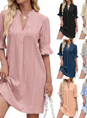 2025 S/S Women's solid color jacquard v-neck loose dresses