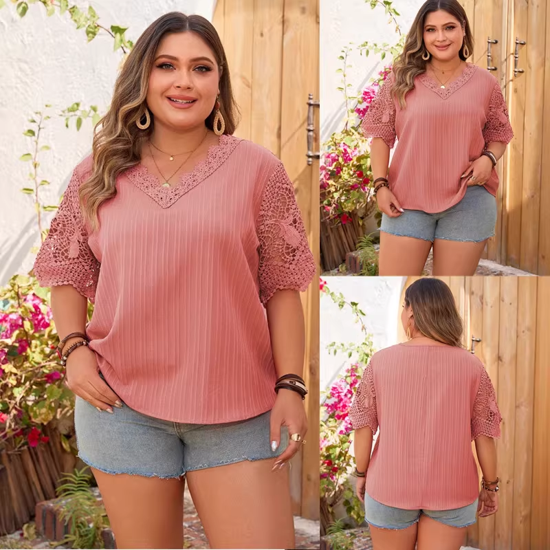 Plus size summer women V-neck top loose T-shirt大码V领上衣女
