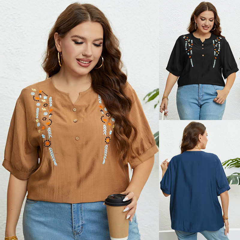 summer plus size casual tops 大码夏季小v刺绣文艺宽松休闲上衣