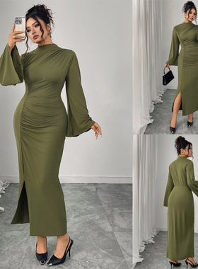 Curvy Ladies Bodycon Dresses 喇叭袖大码修身包臀开叉连衣裙