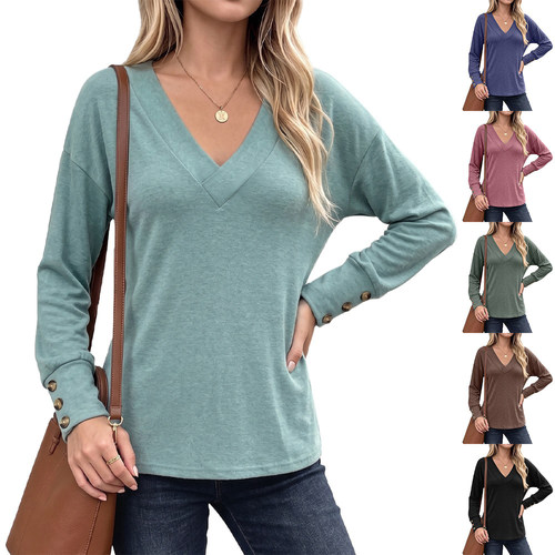 Solid V Neck Brushed Long Sleeve Loose T-shirt Women Tops