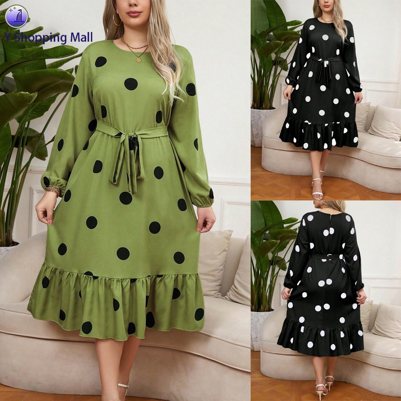 胖MM长袖系带波点显瘦连衣裙