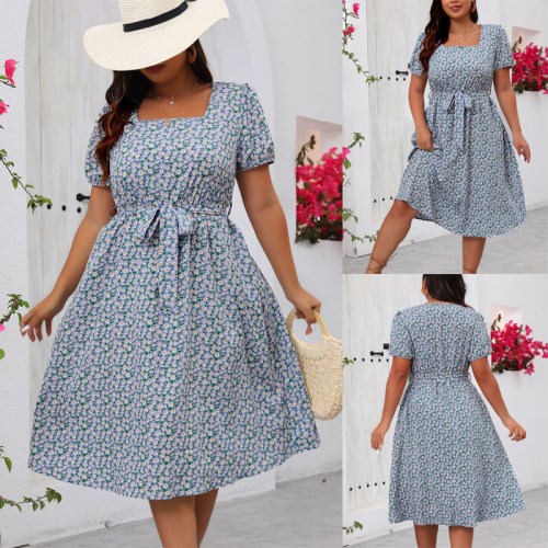 2025s Plus Size A-line Floral Dress 大码夏季方领A字碎花裙