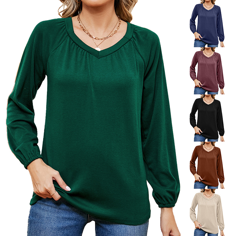 2024 Pure Color V-Neck Loose Long-Sleeved T-Shirt for Women