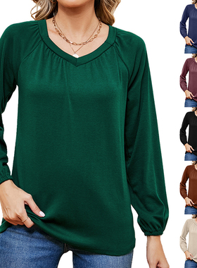 A/W Pure Color V-Neck Loose Long-Sleeved T-Shirt for Women
