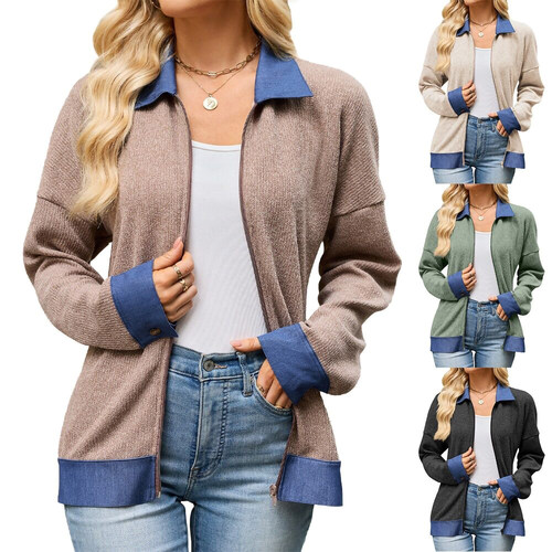 Ladies Lapel Zipper Long Sleeve Loose Coat Casual Outerwear