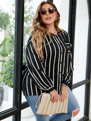 Plus Size Women Autumn Striped Shirt 200斤大码女人条纹衬衫