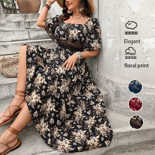 plus size summer floral print women dress 时尚露背印花大码裙