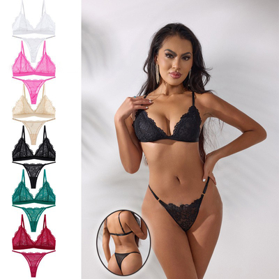 Lace Bralette + Thong Set Unlined Wirefree Bra Sheer Cutouts