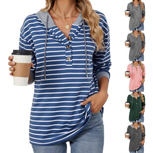 Women's Striped Splicing Hooded Long Sleeve Loose Sweatshirt