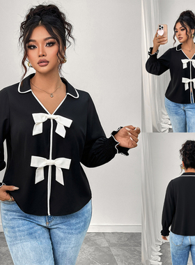 Curvy Women Black Short Jacket Polo Collar Bow Detail Tops