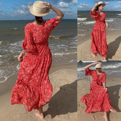Plus Size Floral Maxi Dress Chiffon Flowy Skirt Beach Dress