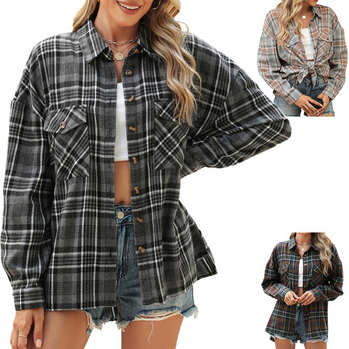 Autumn lapel pocket loose long sleeve plaid shirt for women