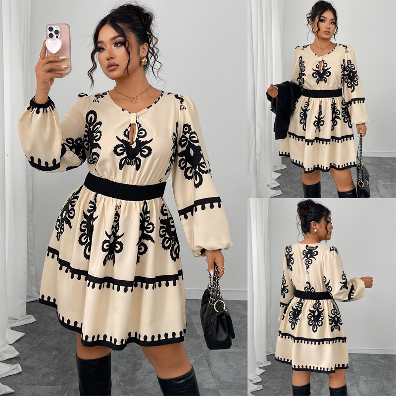 Curvy Women's Floral Print Dress 大码印花高腰泡泡长袖连衣裙