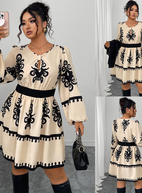 Curvy Women's Floral Print Dress 大码印花高腰泡泡长袖连衣裙