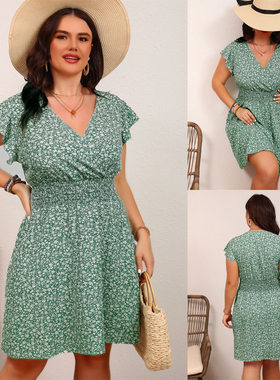 2025s Curvy Women Floral Dresses 大码短袖V领显瘦碎花连衣裙